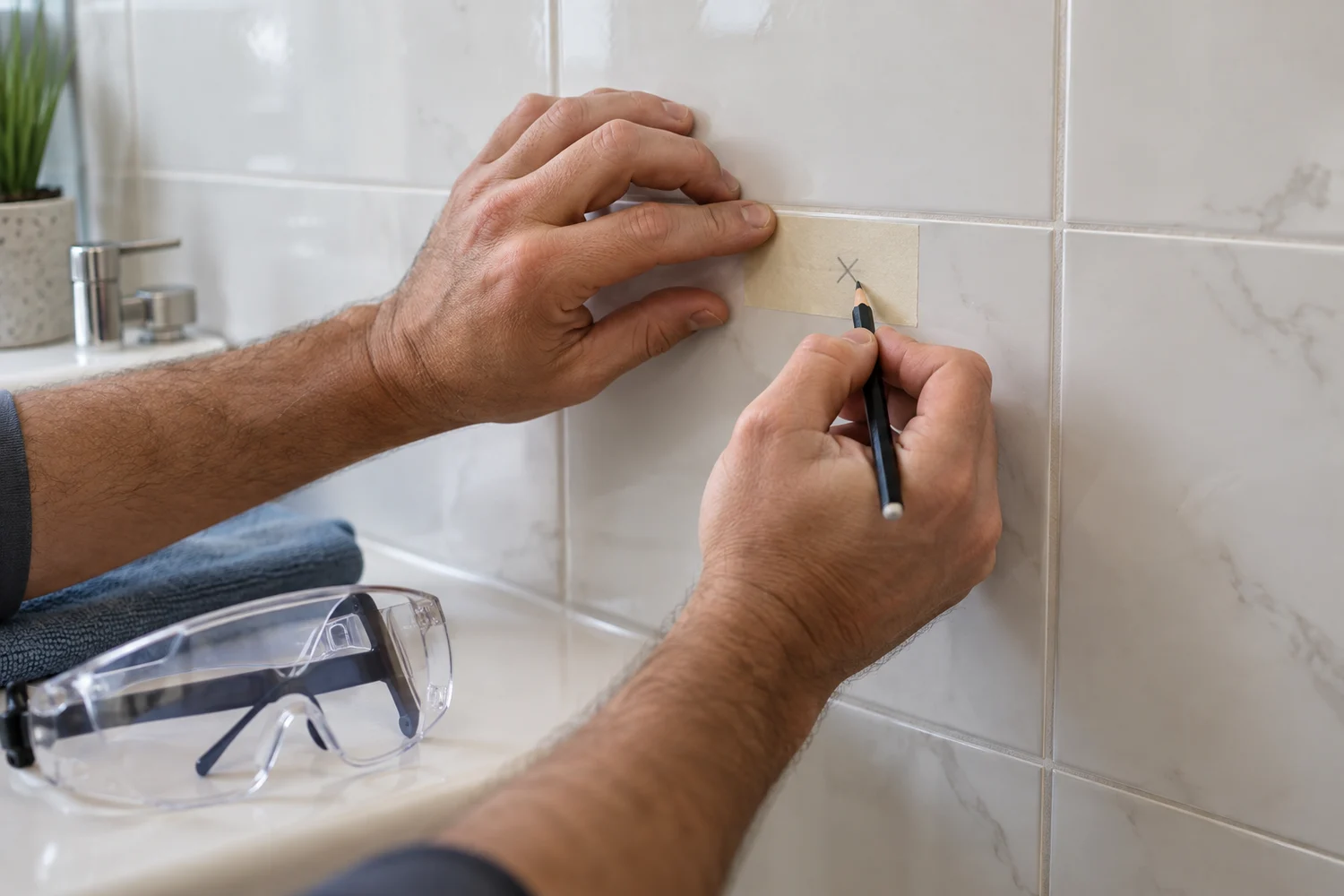 Разметка отверстия на керамической плитке перед сверлением
